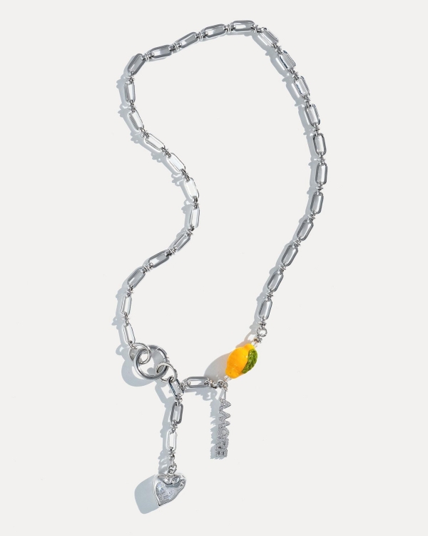 Серебряное колье на цепи с бусиной лимон, фианитами и надписью AMORE, COFFEE x LEMONS