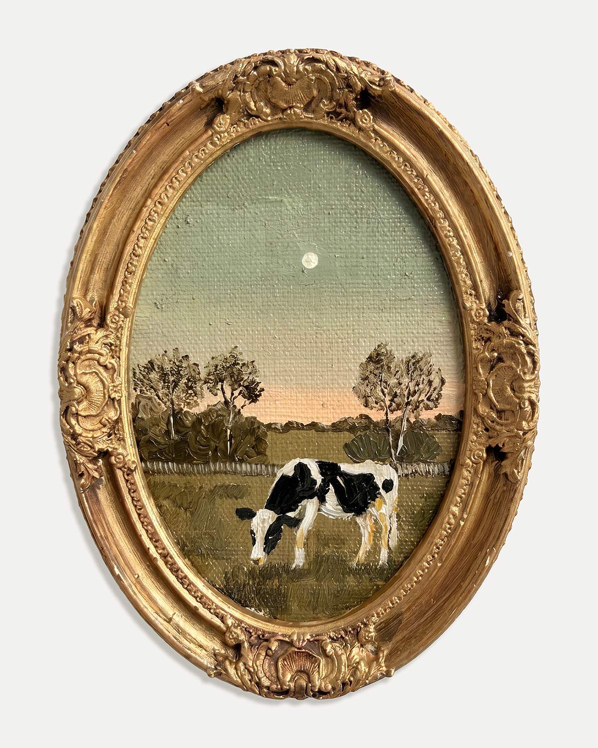 Картина написанная маслом буренка пасущаяся в поле