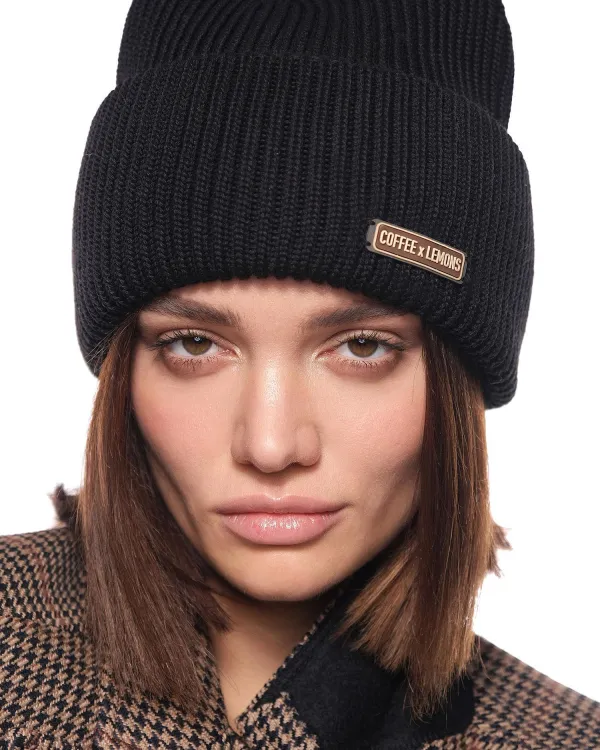 Идеальная теплая черная шапка Бини связанная из шерсти мериноса BLACK&BROWN от COFFEE x LEMONS