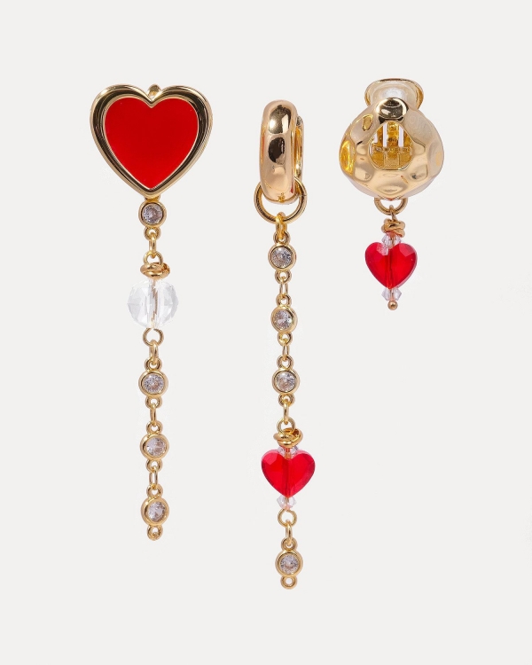 Серьги Three Hearts с кристаллами Swarovski из фианитов, чешского стекла, эмали, горного хрусталя и ювелирного сплава, покрытого 18К золотом by coffeexlemons