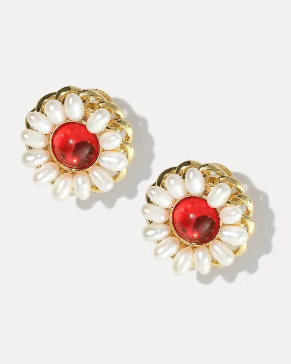 Серьги с краным камнем в форме цветка с жемчужинами PEARL DAISY