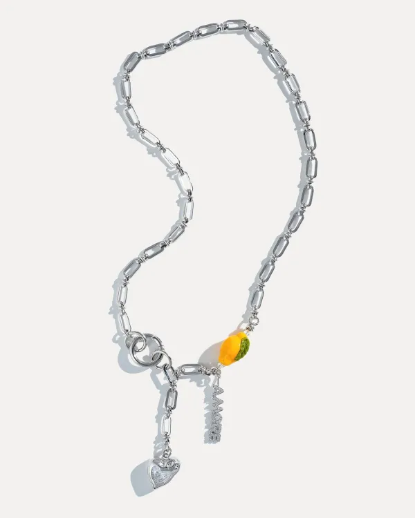Серебряное колье на цепи с бусиной лимон, фианитами и надписью AMORE, COFFEE x LEMONS