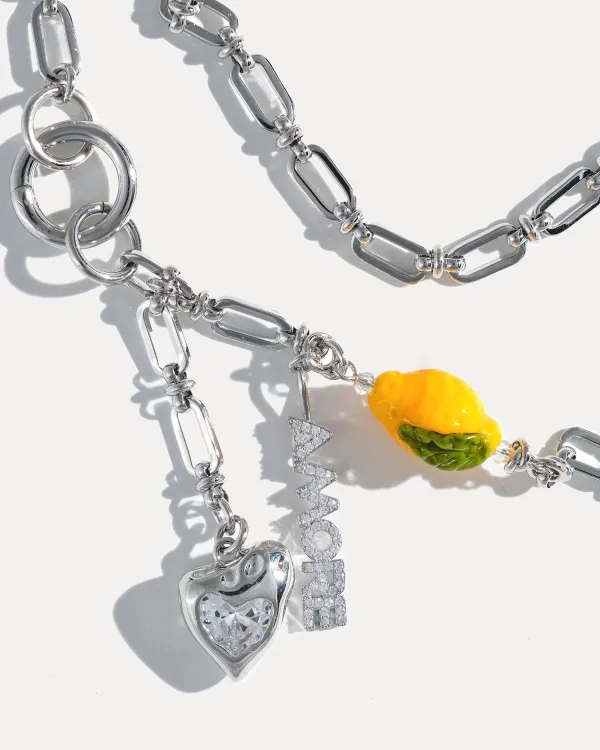 Серебряное колье на цепи с бусиной лимон и надписью AMORE, COFFEE x LEMONS