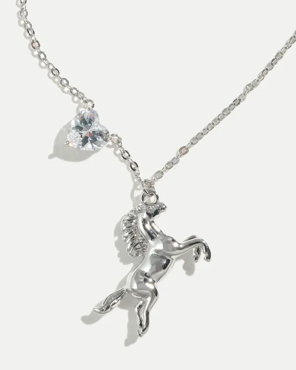 Колье SILVER HORSE с подвеской лошадь и сердцем, ювелирный сплав с родированием и фианитами