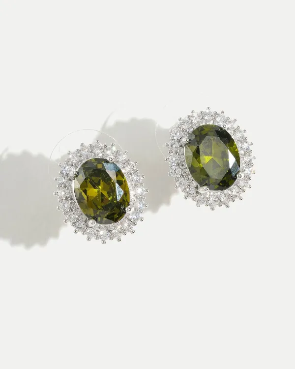 Серьги OLIVE CHRYSTAL с крупным оливковым камнем в обрамлении фианитов, ювелирный сплав