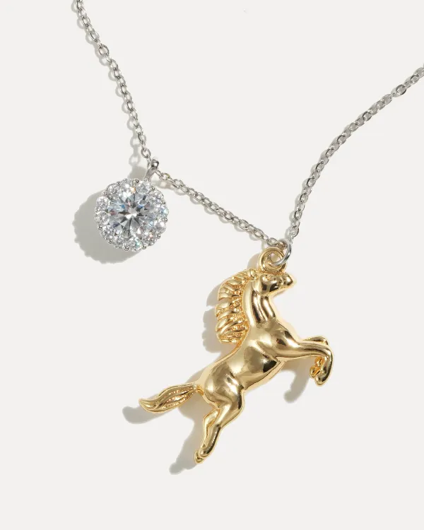 Колье GOLDEN HORSE с подвеской лошадь и кристаллом, позолота 18K и родирование, женское колье