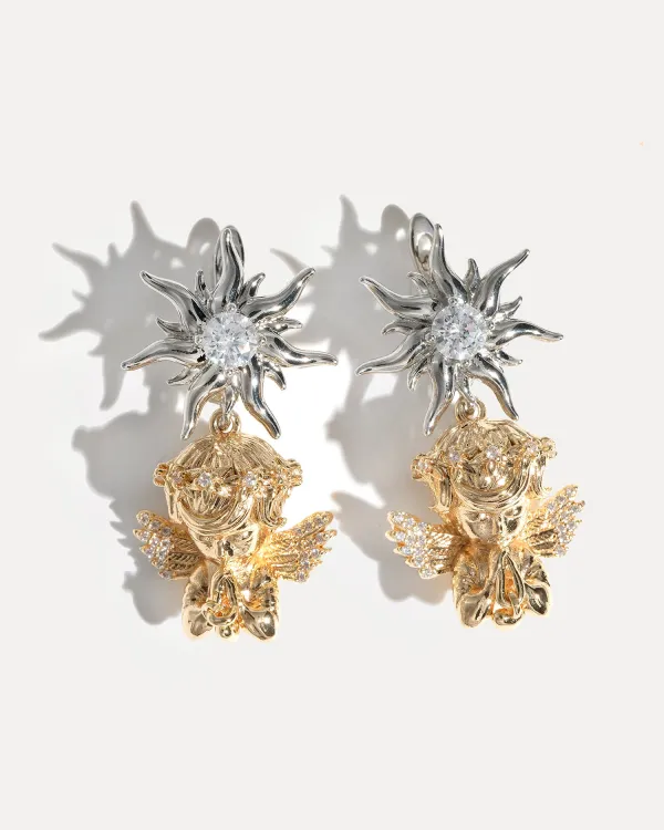 Серьги ANGELS с подвеской солнце и ангел, позолота 18K и родирование, серьги с фианитами