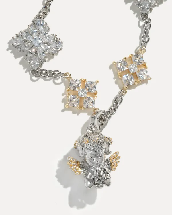 Колье ANGEL SILVER с подвеской ангел и звездой, родирование и позолота 18K, колье с фианитами