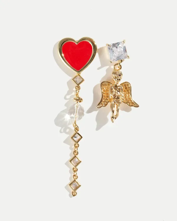 Серьги VOICE OF LOVE GOLD с красным сердцем и подвеской ангел, покрытие 18K золото, фианиты и кристаллы