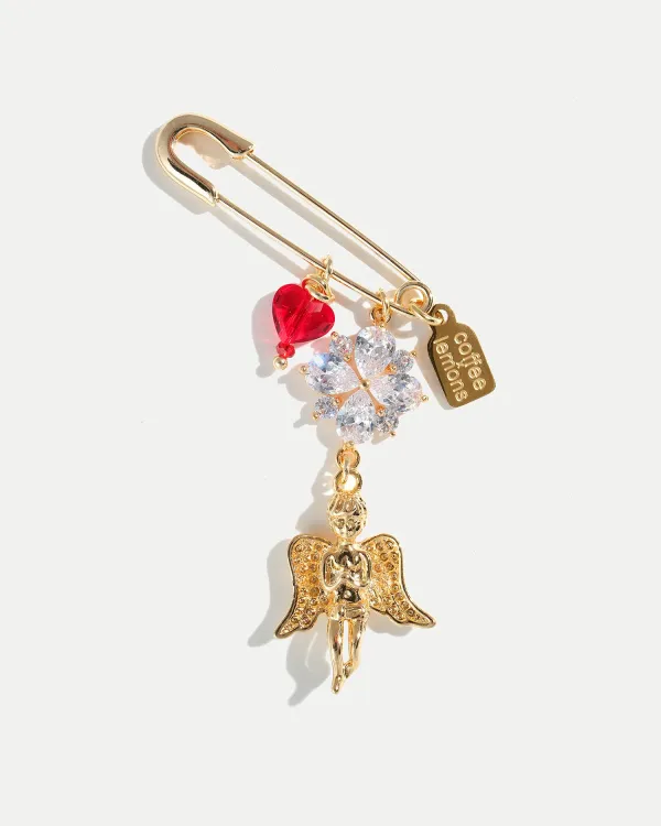 Брошь FOLLOW CUPID GOLD с подвеской Купидона, кристаллами Swarovski и красным сердцем, покрытие 18K золото
