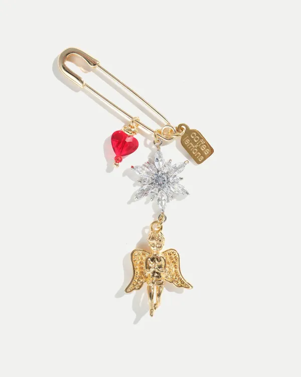 Брошь FOLLOW CUPID GOLD 2.0 с подвеской Купидона, кристаллами Swarovski и красным сердцем, покрытие 18K золото