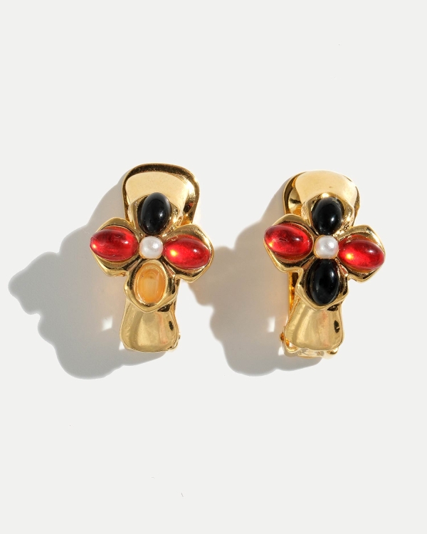 Винтажные клипсы с красными и черными кабошононами