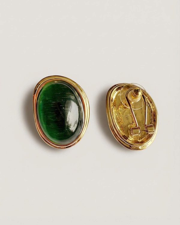 Дизайнерские серьги с зеленым камнем с эффектом кошачьего глаза
