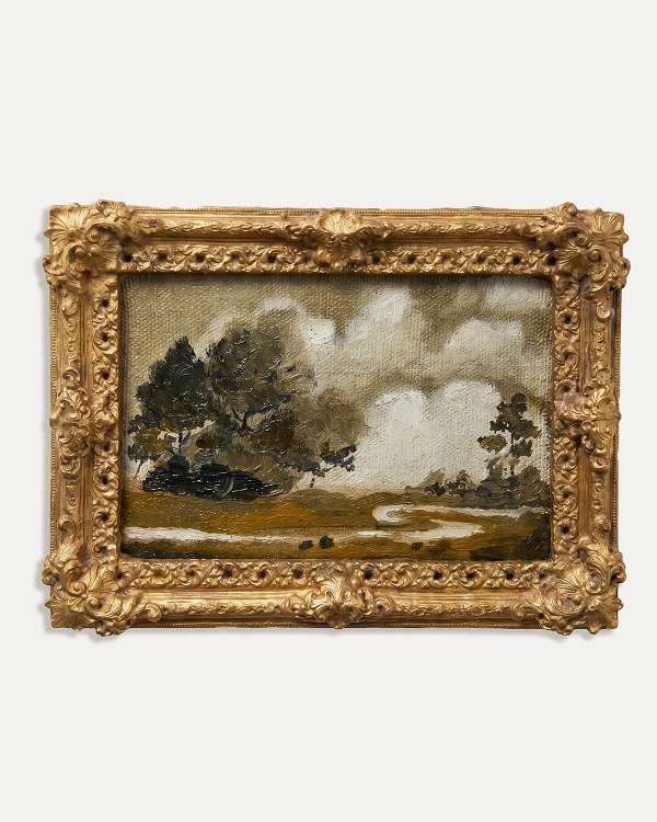 Картина маслом поле с пустой дорогой и густым лесом