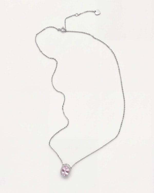 Колье на тонкой серебристой цепочке с большим круглом фианитом розового цвета